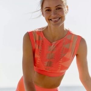 Free People Movement Riptide Sheer Geometric Coral Pink Yoga Crop Top Size S